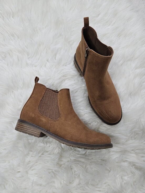 Sonoma Shoes - Sonoma Faux Suede Leather Ankle Boots Chelsea Cognac Orange Stacked Heel 8 Boho